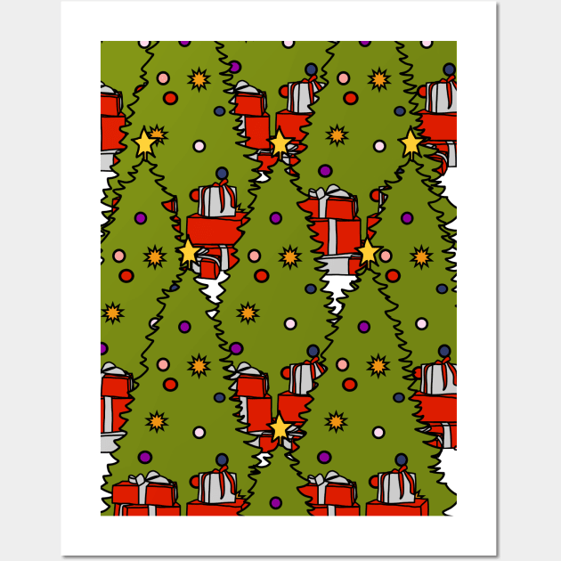 Christmas Tree Forest with Wrapped Gift Boxes Wall Art by ellenhenryart